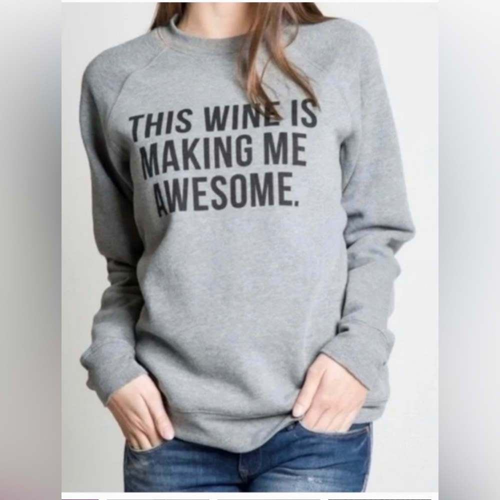 Brunette the Label ‘This Wine’ Crewneck Sweatshirt, Grey, sz XS/S